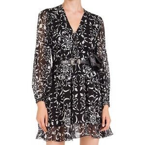 The Kooples Coromandel Botanical Crinkle Dress Lace Up Long Sleeve Black White 2